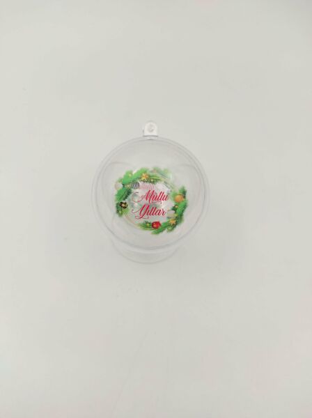 Yeniyıl Yılbaşı Baskılı Şeffaf Mika Küre Top - Asılabilir - 8 cm 2 Adet