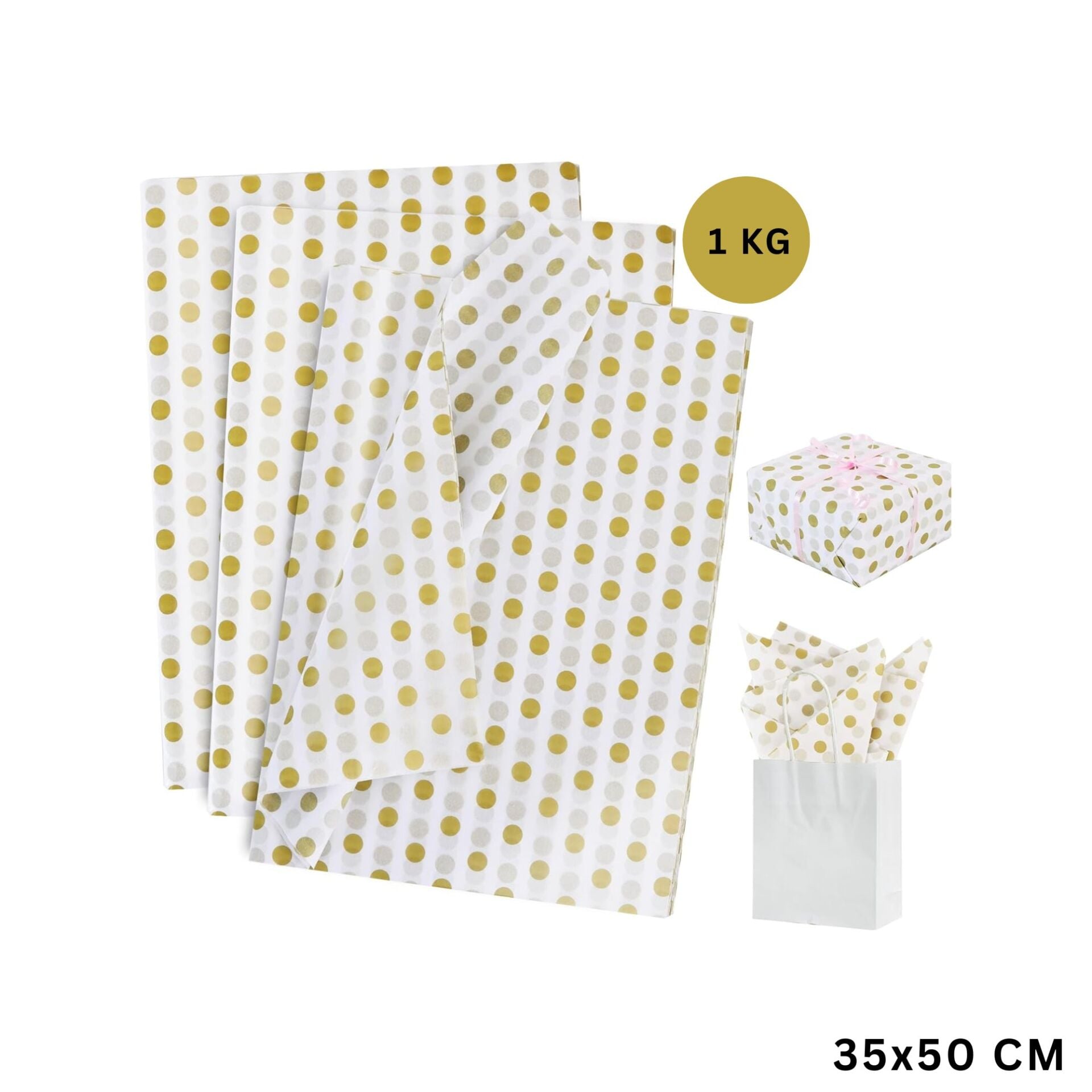 Altın Puantiyeli Pelur Kağıt, Dekoratif Hediye Paketleme ve Ambalaj Kağıdı 35x50 Cm, 1 Kg ~ 230 Adet