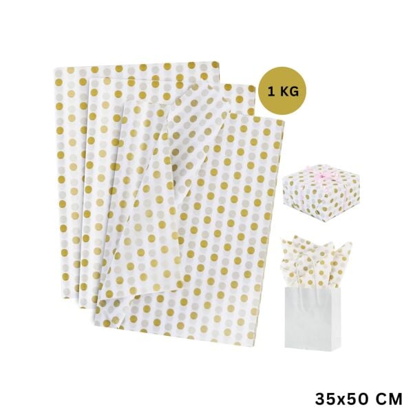 Altın Puantiyeli Pelur Kağıt, Dekoratif Hediye Paketleme ve Ambalaj Kağıdı 35x50 Cm, 1 Kg ~ 230 Adet