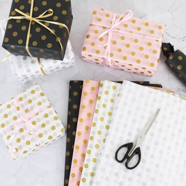 Altın Puantiyeli Pelur Kağıt, Dekoratif Hediye Paketleme ve Ambalaj Kağıdı 35x50 Cm, 1 Kg ~ 230 Adet