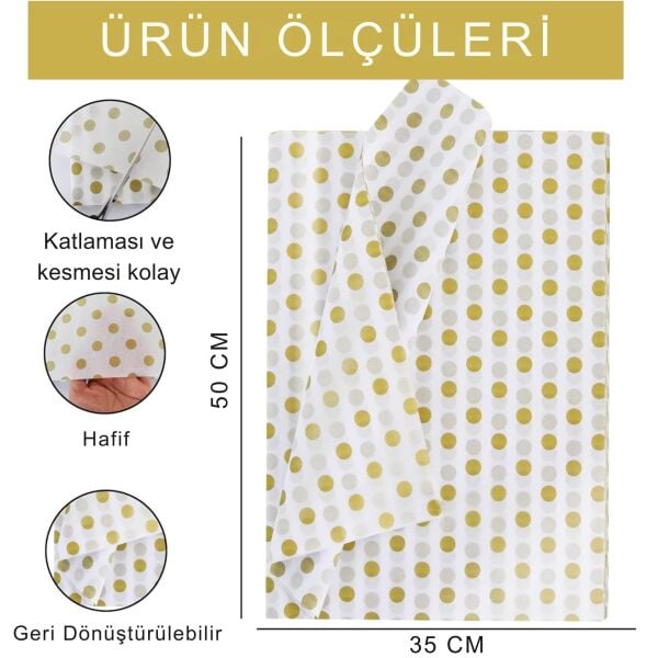Altın Puantiyeli Pelur Kağıt, Dekoratif Hediye Paketleme ve Ambalaj Kağıdı 35x50 Cm, 25 Adet