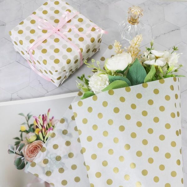 Altın Puantiyeli Pelur Kağıt, Dekoratif Hediye Paketleme ve Ambalaj Kağıdı 35x50 Cm, 25 Adet