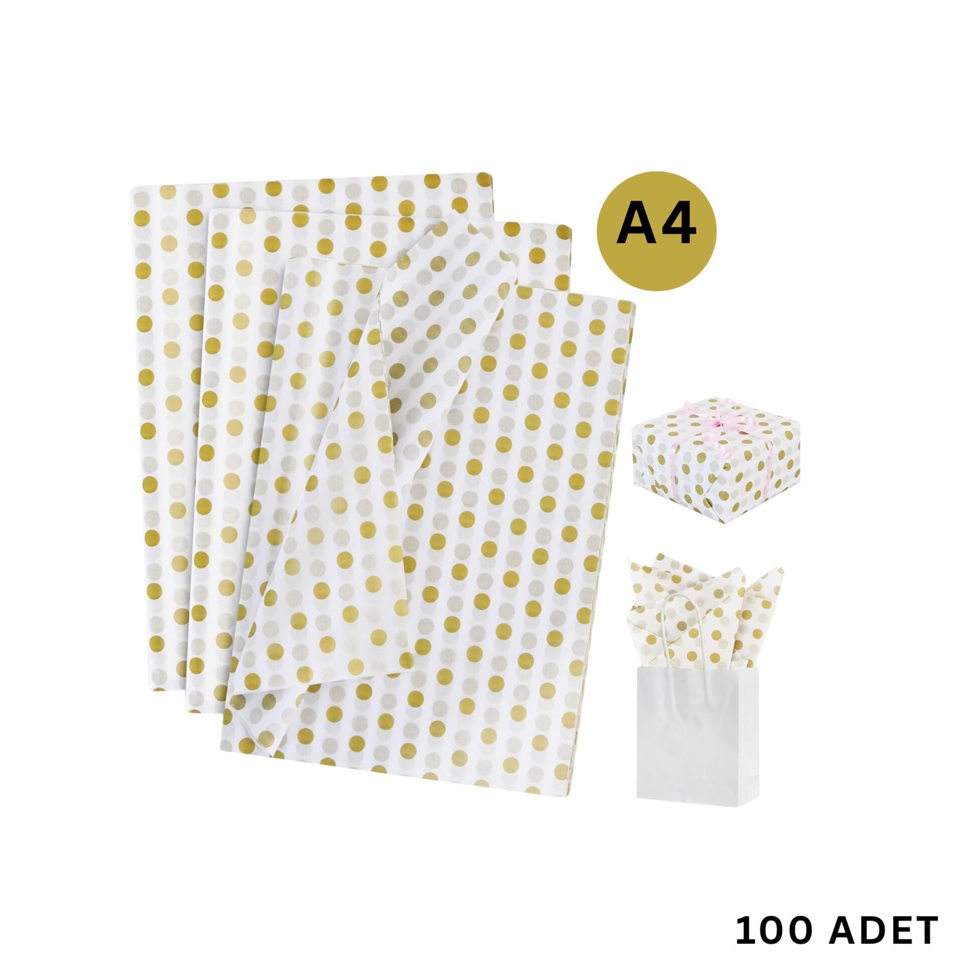 Altın Puantiyeli Pelur Kağıt, Dekoratif Hediye Paketleme ve Ambalaj Kağıdı A4, 100 Adet