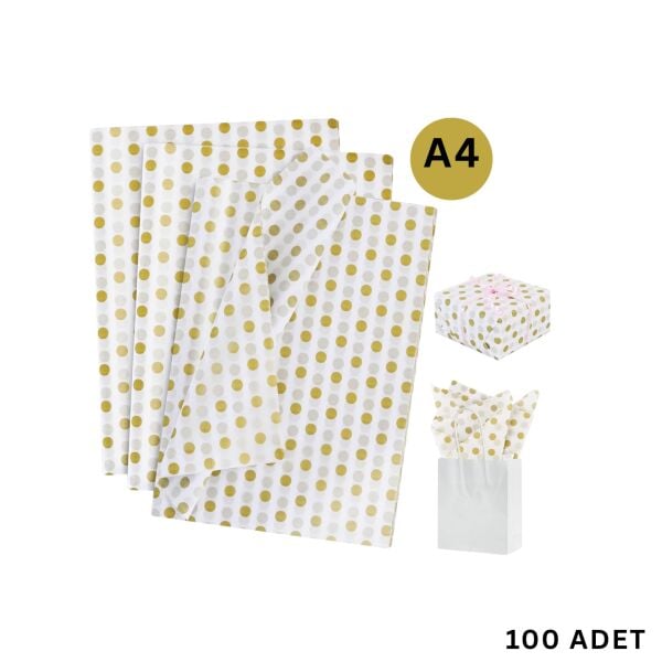 Altın Puantiyeli Pelur Kağıt, Dekoratif Hediye Paketleme ve Ambalaj Kağıdı A4, 100 Adet