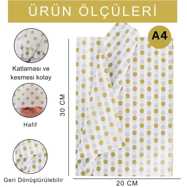 Altın Puantiyeli Pelur Kağıt, Dekoratif Hediye Paketleme ve Ambalaj Kağıdı A4, 100 Adet