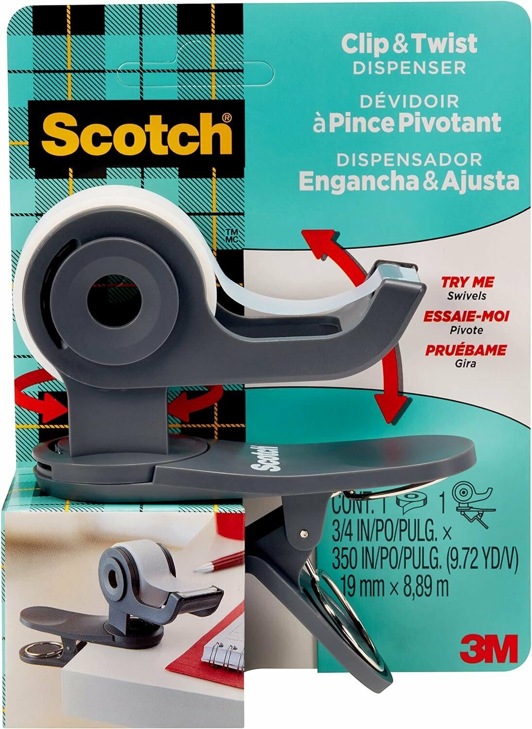 Scotch Masaüstü Klipsli ve Dönebilen Bant Dispenseri - Kömür Grisi Bant Kesici 19mm x 8,89m 1 Adet