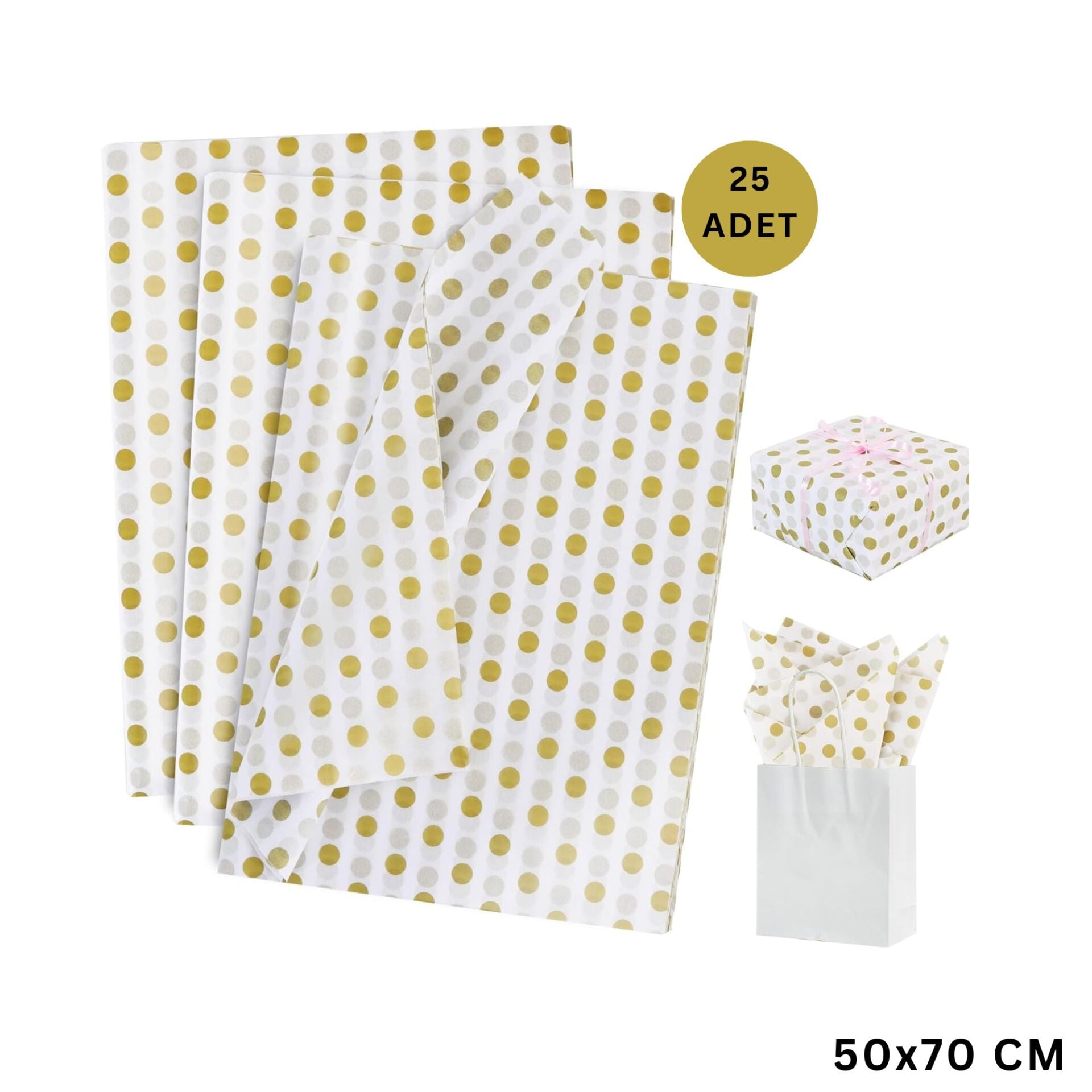 Altın Puantiyeli Pelur Kağıt, Dekoratif Hediye Paketleme ve Ambalaj Kağıdı 50x70 Cm, 25 Adet
