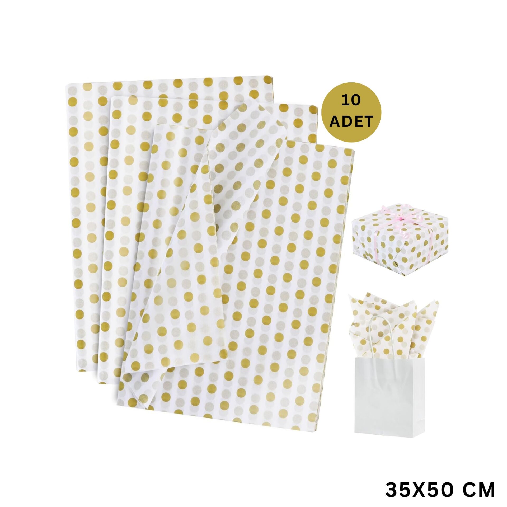 Altın Puantiyeli Pelur Kağıt - 10lu Paket, Dekoratif Hediye Paketleme ve Ambalaj Kağıdı 35x50 Cm