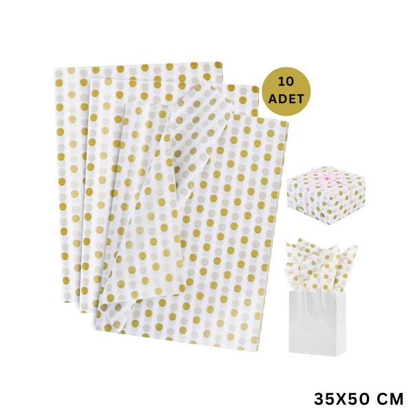 Altın Puantiyeli Pelur Kağıt - 10lu Paket, Dekoratif Hediye Paketleme ve Ambalaj Kağıdı 35x50 Cm