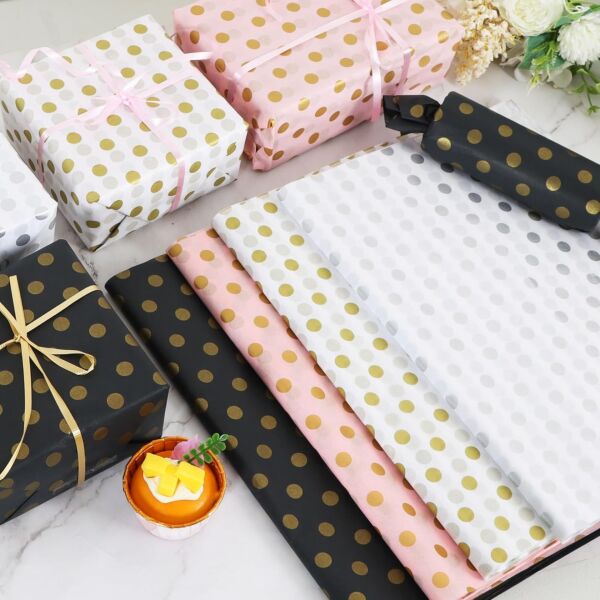 Altın Puantiyeli Pelur Kağıt - 10lu Paket, Dekoratif Hediye Paketleme ve Ambalaj Kağıdı 35x50 Cm