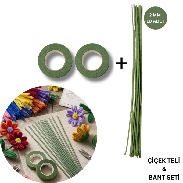 Yeşil Çiçek Teli – 10lu, 2mm-40 cm & 2 Adet Açık Yeşil Çiçek Bandı Seti, Hobi, DIY Çiçek Yapım Seti
