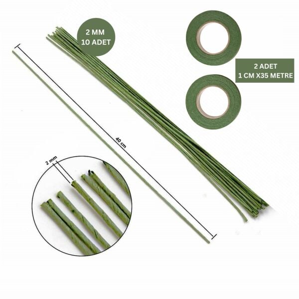 Yeşil Çiçek Teli – 10lu, 2mm-40 cm & 2 Adet Açık Yeşil Çiçek Bandı Seti, Hobi, DIY Çiçek Yapım Seti