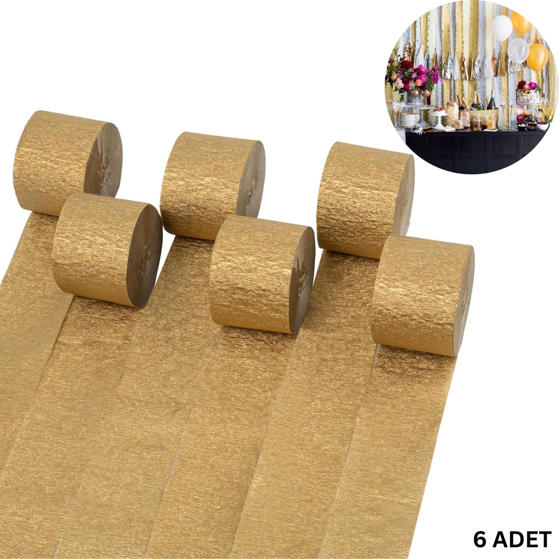 Altın Krapon Kağıdı Rulosu, Çiçek Yapım, Parti, El İşi Süsleme Kağıdı, 6 Adet, 4.5 Cm x 22 Metre