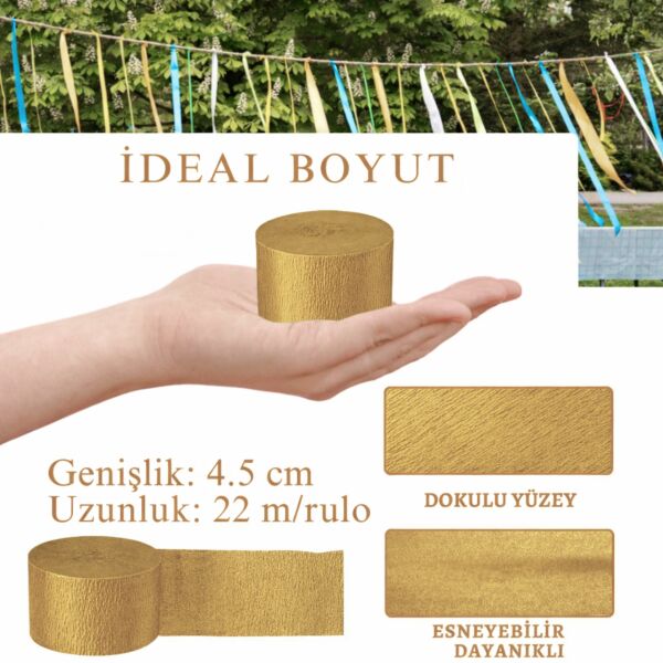 Altın Krapon Kağıdı Rulosu, Çiçek Yapım, Parti, El İşi Süsleme Kağıdı, 6 Adet, 4.5 Cm x 22 Metre