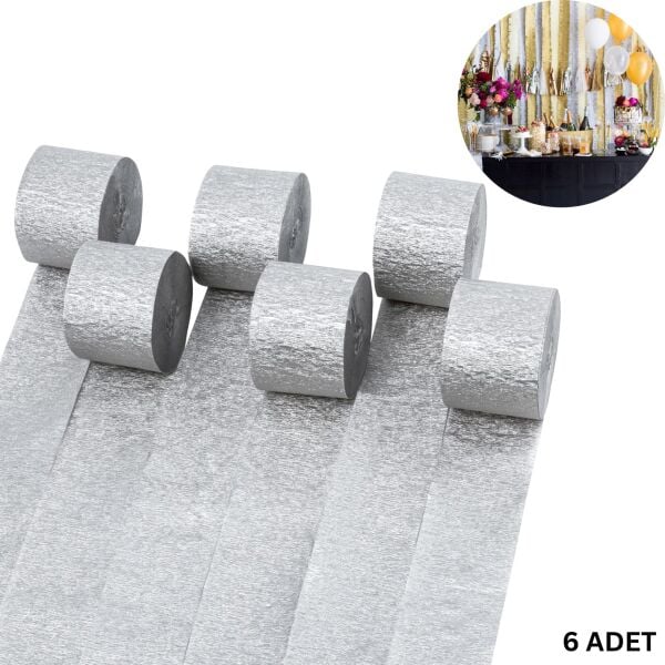 Gümüş Krapon Kağıdı Rulosu, Çiçek Yapım, Parti, El İşi Süsleme Kağıdı, 6 Adet, 4.5 Cm x 22 Metre