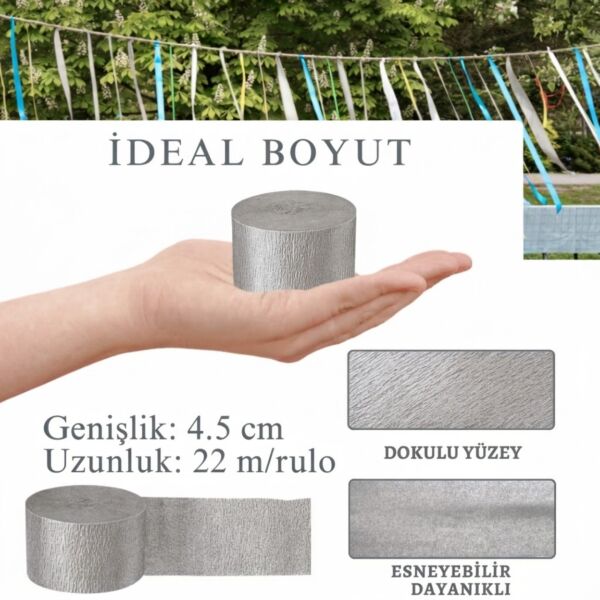 Gümüş Krapon Kağıdı Rulosu, Çiçek Yapım, Parti, El İşi Süsleme Kağıdı, 6 Adet, 4.5 Cm x 22 Metre