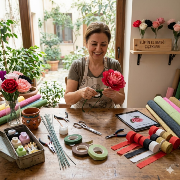 Kırmızı Krapon Kağıdı Rulosu, Çiçek Yapım, Parti, El İşi Süsleme Kağıdı, 6 Adet, 4.5 Cm x 22 Metre