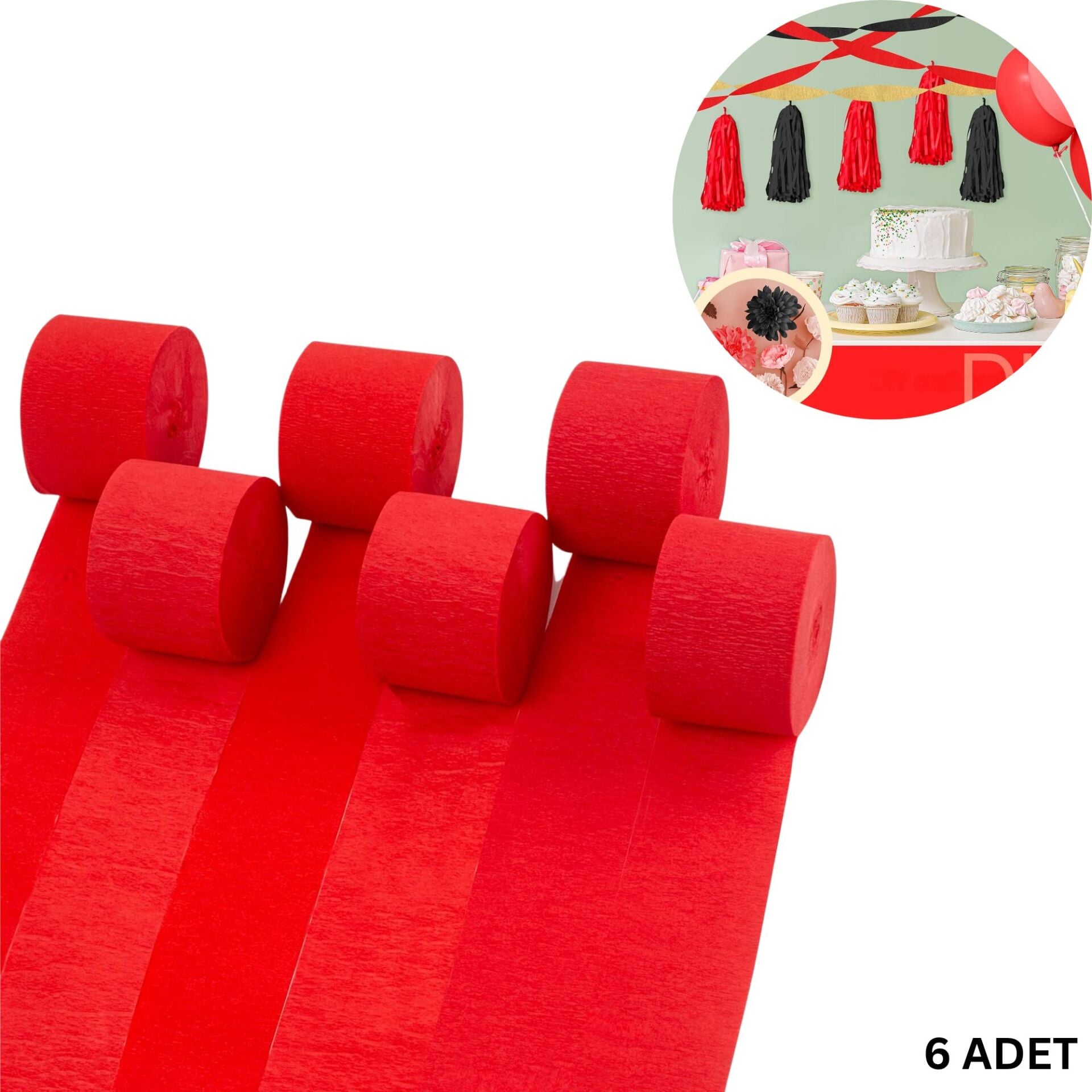 Kırmızı Krapon Kağıdı Rulosu, Çiçek Yapım, Parti, El İşi Süsleme Kağıdı, 6 Adet, 4.5 Cm x 22 Metre