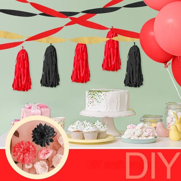 Kırmızı Krapon Kağıdı Rulosu, Çiçek Yapım, Parti, El İşi Süsleme Kağıdı, 6 Adet, 4.5 Cm x 22 Metre