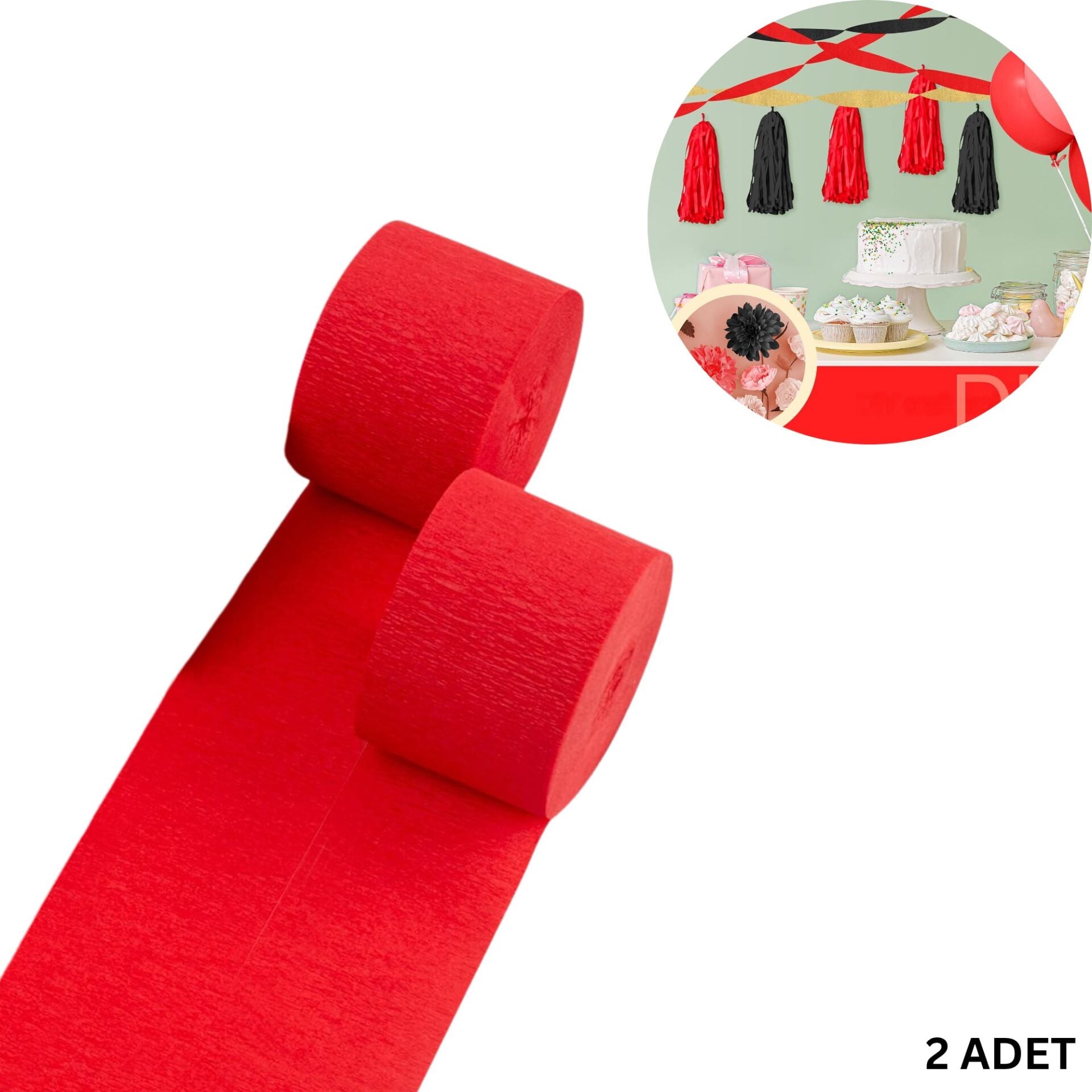 Kırmızı Krapon Kağıdı Rulosu, Çiçek Yapım, Parti, El İşi Süsleme Kağıdı, 2li Paket, 4.5 Cm x 22 Metre