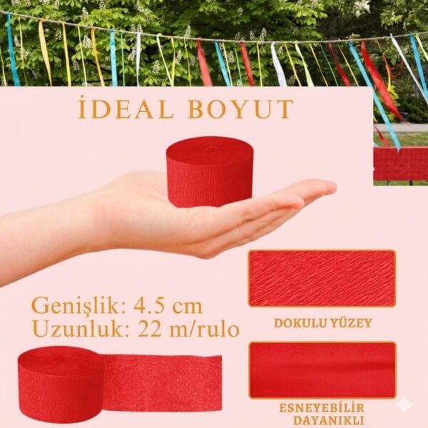 Kırmızı Krapon Kağıdı Rulosu, Çiçek Yapım, Parti, El İşi Süsleme Kağıdı, 2li Paket, 4.5 Cm x 22 Metre