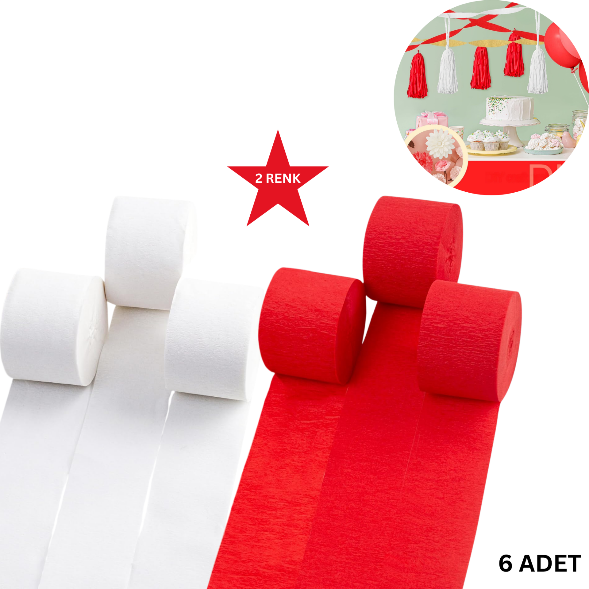 Kırmızı Beyaz Krapon Kağıdı Seti-6lı, Çiçek Yapım, Parti, El İşi Süsleme Kağıdı, 4.5 Cm x 22 Metre