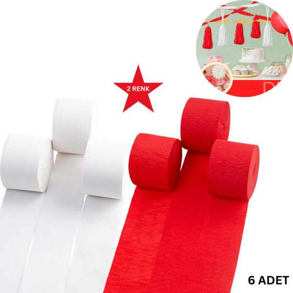 Kırmızı Beyaz Krapon Kağıdı Seti-6lı, Çiçek Yapım, Parti, El İşi Süsleme Kağıdı, 4.5 Cm x 22 Metre