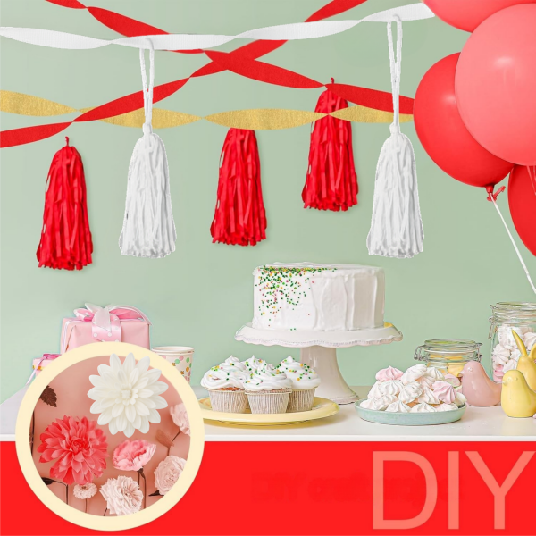 Kırmızı Beyaz Krapon Kağıdı Seti-6lı, Çiçek Yapım, Parti, El İşi Süsleme Kağıdı, 4.5 Cm x 22 Metre