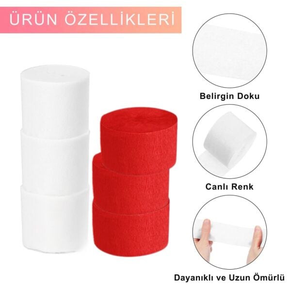 Kırmızı Beyaz Krapon Kağıdı Seti-6lı, Çiçek Yapım, Parti, El İşi Süsleme Kağıdı, 4.5 Cm x 22 Metre