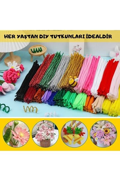 Şönil Tel Seti, El İşi, DIY, Hobi ve Çiçek Yapım Telleri, Neon Sarı, 100 Adet, 6 mm - 30 Cm
