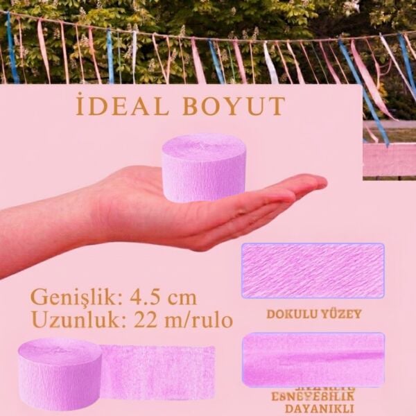 Açık Pembe Krapon Kağıdı Rulosu, Çiçek Yapım, Parti, El İşi Süsleme Kağıdı, 6 Adet, 4.5 Cm x 22Metre