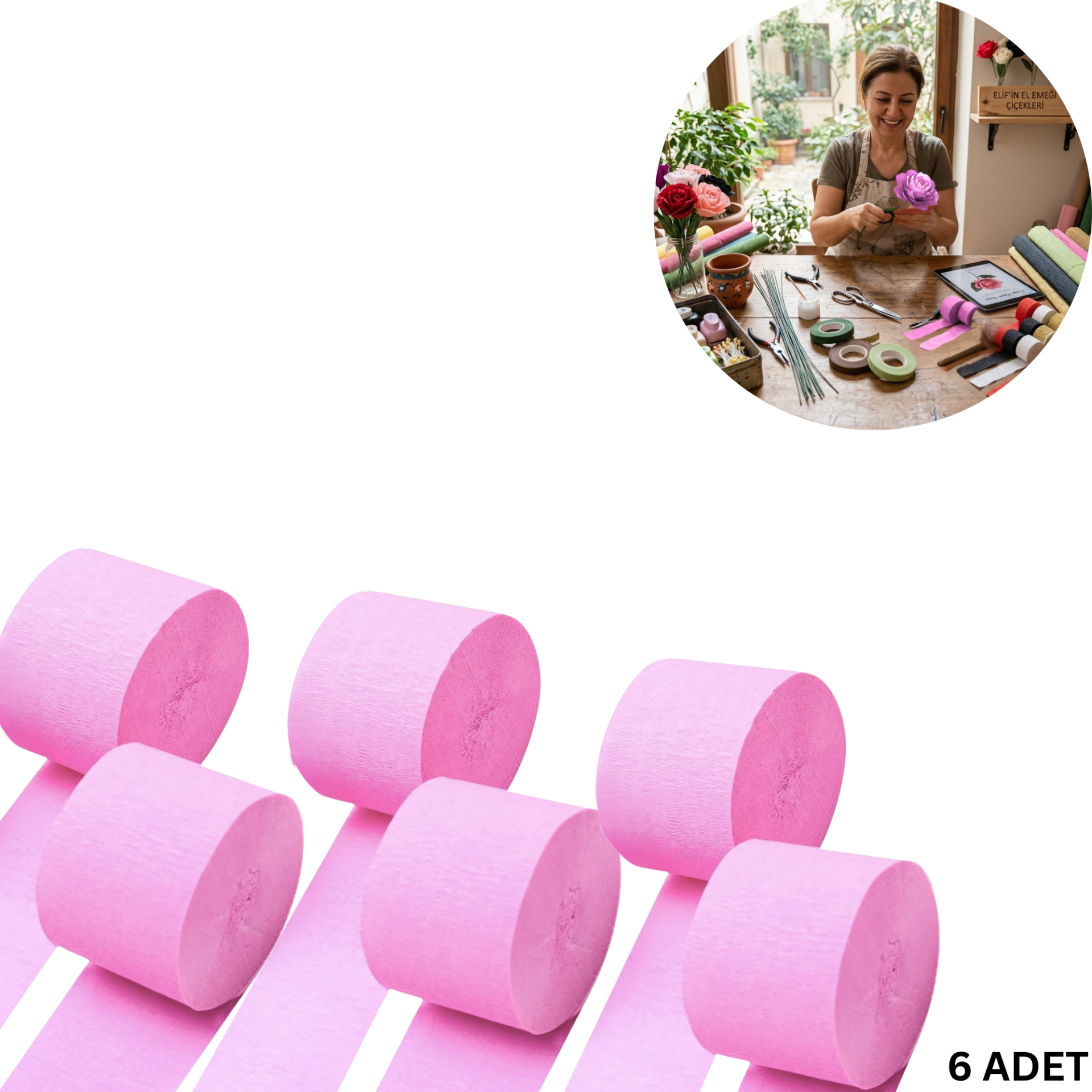 Açık Pembe Krapon Kağıdı Rulosu, Çiçek Yapım, Parti, El İşi Süsleme Kağıdı, 6 Adet, 4.5 Cm x 22Metre