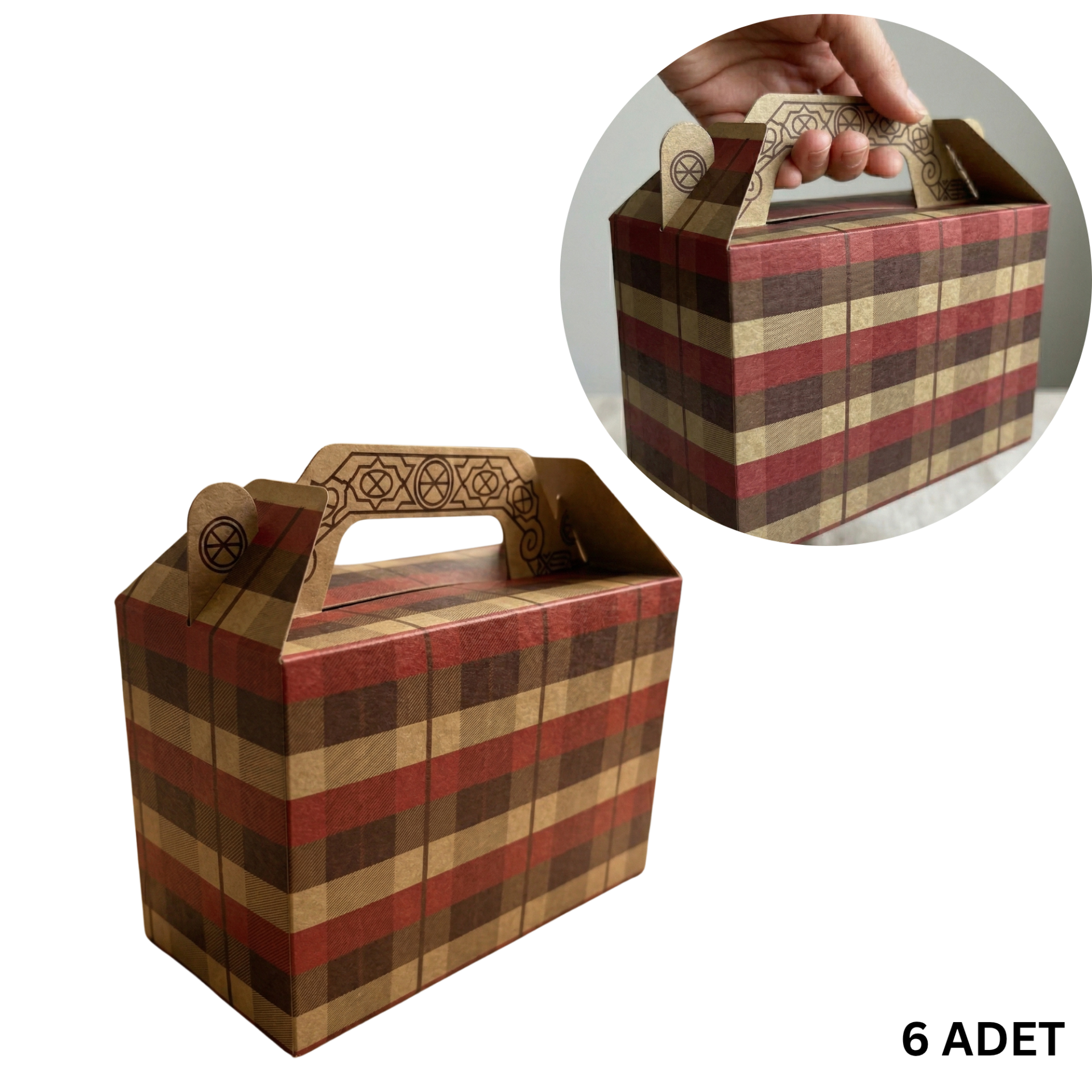Tutmalı Kraft Hediye Kutusu, Ekose Desenli Taşıma Kulplu Karton Poşet 6’lı Set, 11x16x8 cm