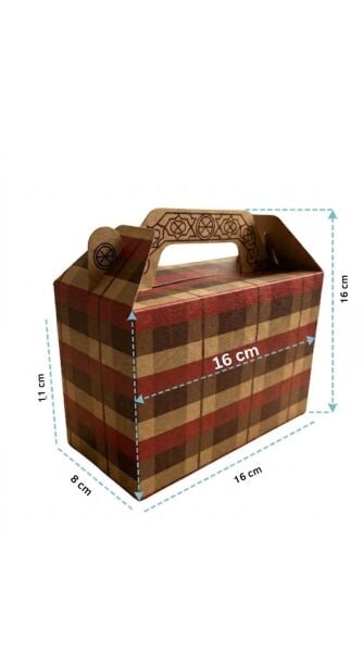 Tutmalı Kraft Hediye Kutusu, Ekose Desenli Taşıma Kulplu Karton Poşet 6’lı Set, 11x16x8 cm