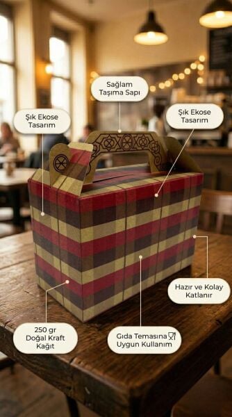 Tutmalı Kraft Hediye Kutusu, Ekose Desenli Taşıma Kulplu Karton Poşet 6’lı Set, 11x16x8 cm