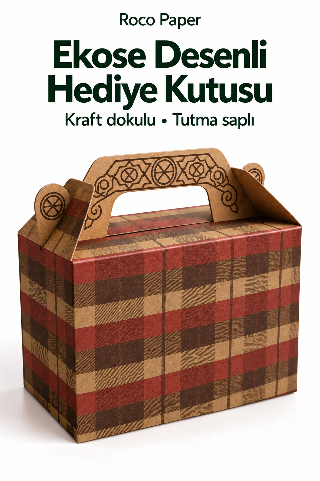 Tutmalı Kraft Hediye Kutusu, Ekose Desenli Taşıma Kulplu Karton Poşet 11x16x8 cm