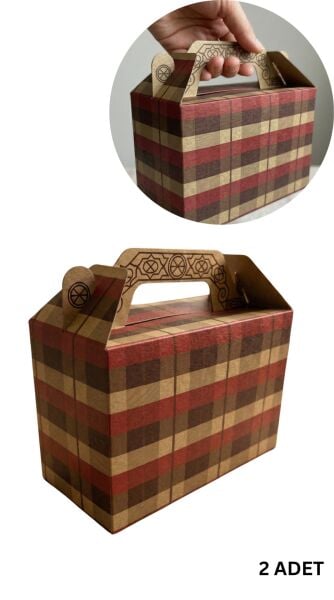 Tutmalı Kraft Hediye Kutusu, Ekose Desenli Taşıma Kulplu Karton Poşet 2'li Set, 11x16x8 cm
