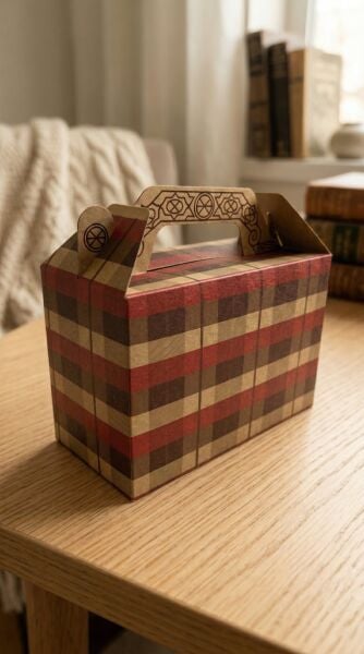 Tutmalı Kraft Hediye Kutusu, Ekose Desenli Taşıma Kulplu Karton Poşet 2'li Set, 11x16x8 cm