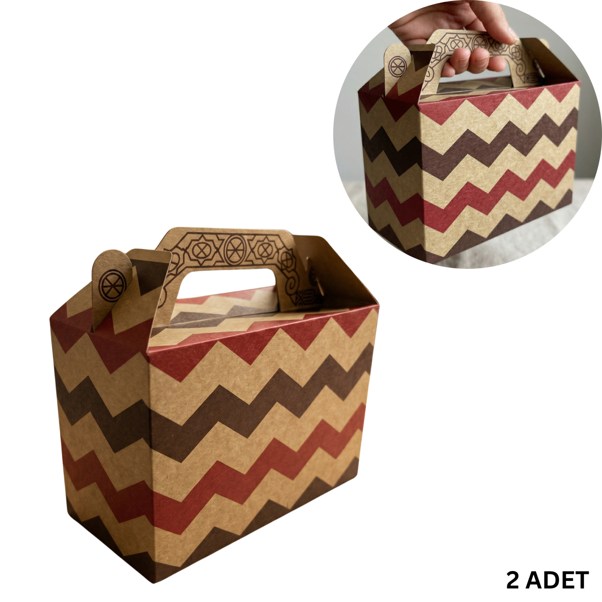 Tutmalı Zigzag Desenli Kraft Hediye Kutusu, Nikah-Doğum Günü, Butik Kutusu, 2li Set, 11x16x8 cm