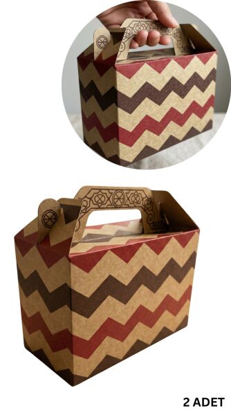 Tutmalı Zigzag Desenli Kraft Hediye Kutusu, Nikah-Doğum Günü, Butik Kutusu, 2li Set, 11x16x8 cm