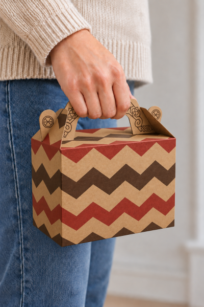 Tutmalı Zigzag Desenli Kraft Hediye Kutusu, Nikah-Doğum Günü, Butik Kutusu,  11x16x8 cm