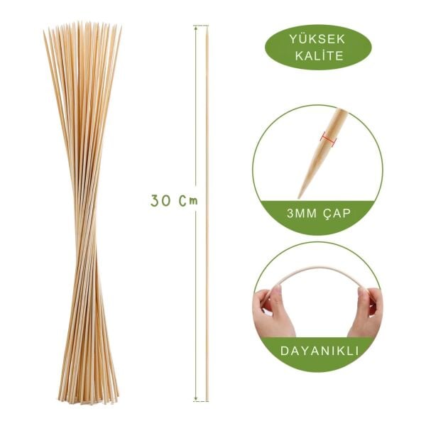 Ahşap Çöp Şiş DIY Çubuk Seti-100lü, Krapon, Şönil Çiçek Yapım Çubukları, Çok Amaçlı Hobi Çubuğu, 3 mm Kalınlık