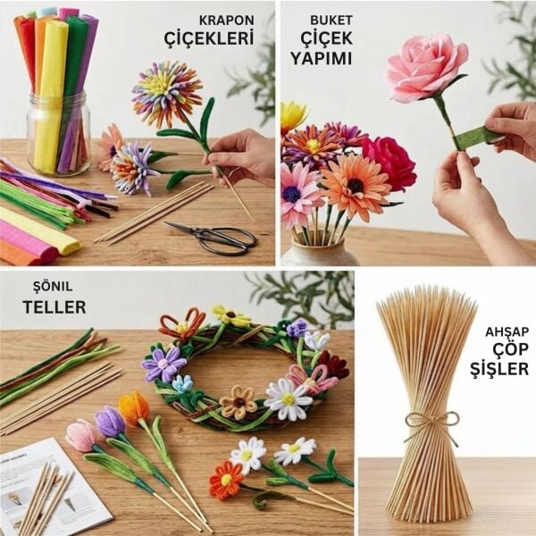 Ahşap Çöp Şiş DIY Çubuk Seti-100lü, Krapon, Şönil Çiçek Yapım Çubukları, Çok Amaçlı Hobi Çubuğu, 3 mm Kalınlık