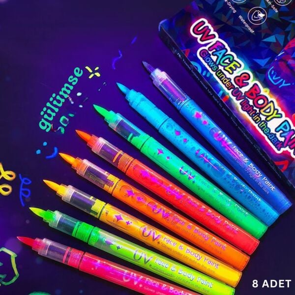 UV Işıkta Parlayan Neon Yüz ve Vücut Boya Kalemi Seti - 8 Renk Fosforlu DIY Parti Kalemi