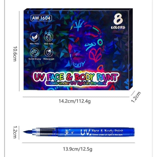 UV Işıkta Parlayan Neon Yüz ve Vücut Boya Kalemi Seti - 8 Renk Fosforlu DIY Parti Kalemi