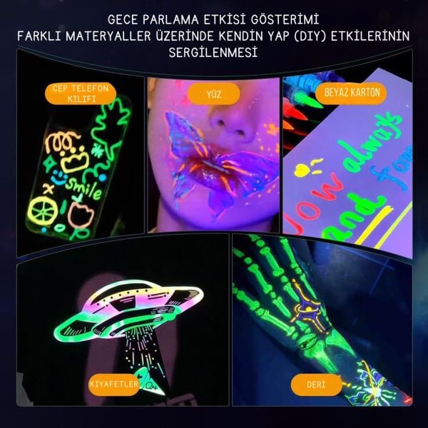 UV Işıkta Parlayan Neon Yüz ve Vücut Boya Kalemi Seti - 8 Renk Fosforlu DIY Parti Kalemi