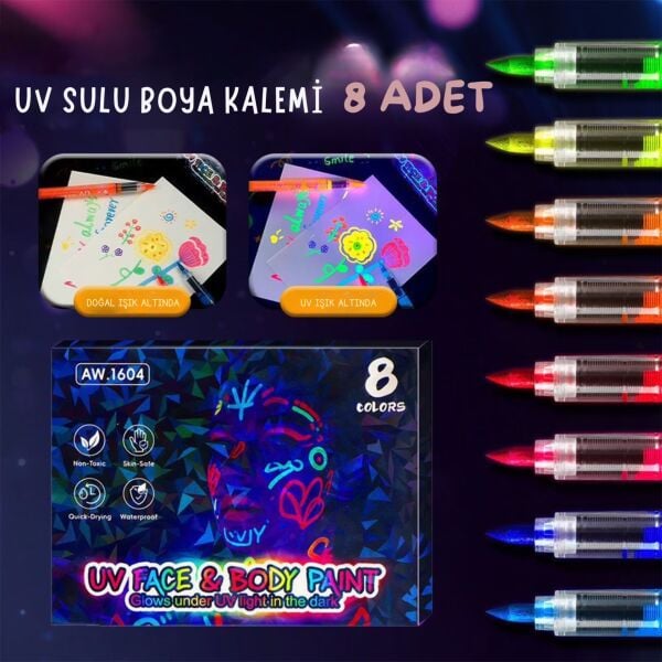 UV Işıkta Parlayan Neon Yüz ve Vücut Boya Kalemi Seti - 8 Renk Fosforlu DIY Parti Kalemi