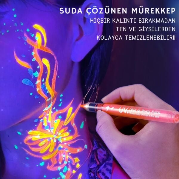 UV Işıkta Parlayan Neon Yüz ve Vücut Boya Kalemi Seti - 8 Renk Fosforlu DIY Parti Kalemi
