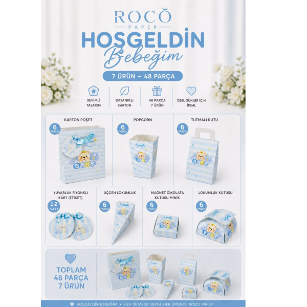 Hoşgeldin Bebeğim Hediyelik Seti, Mavi, Ayıcıklı Baby Shower ve Doğum Günü İkram Seti, 7 Ürün - 48 Parça