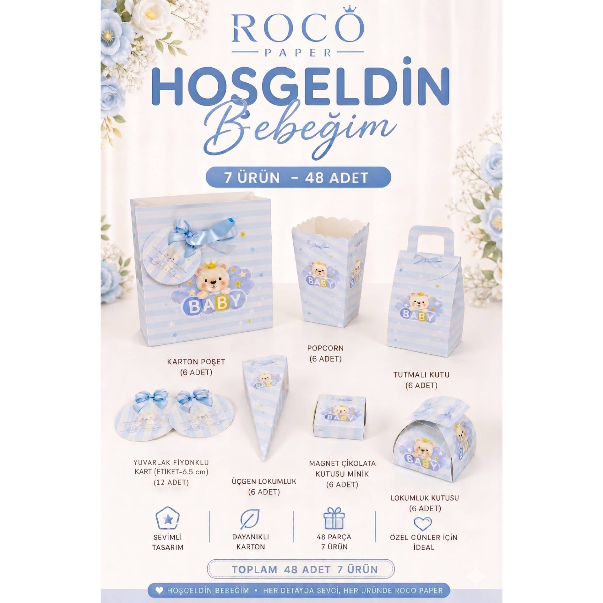 Hoşgeldin Bebeğim Hediyelik Seti, Mavi, Ayıcıklı Baby Shower ve Doğum Günü İkram Seti, 7 Ürün - 48 Parça